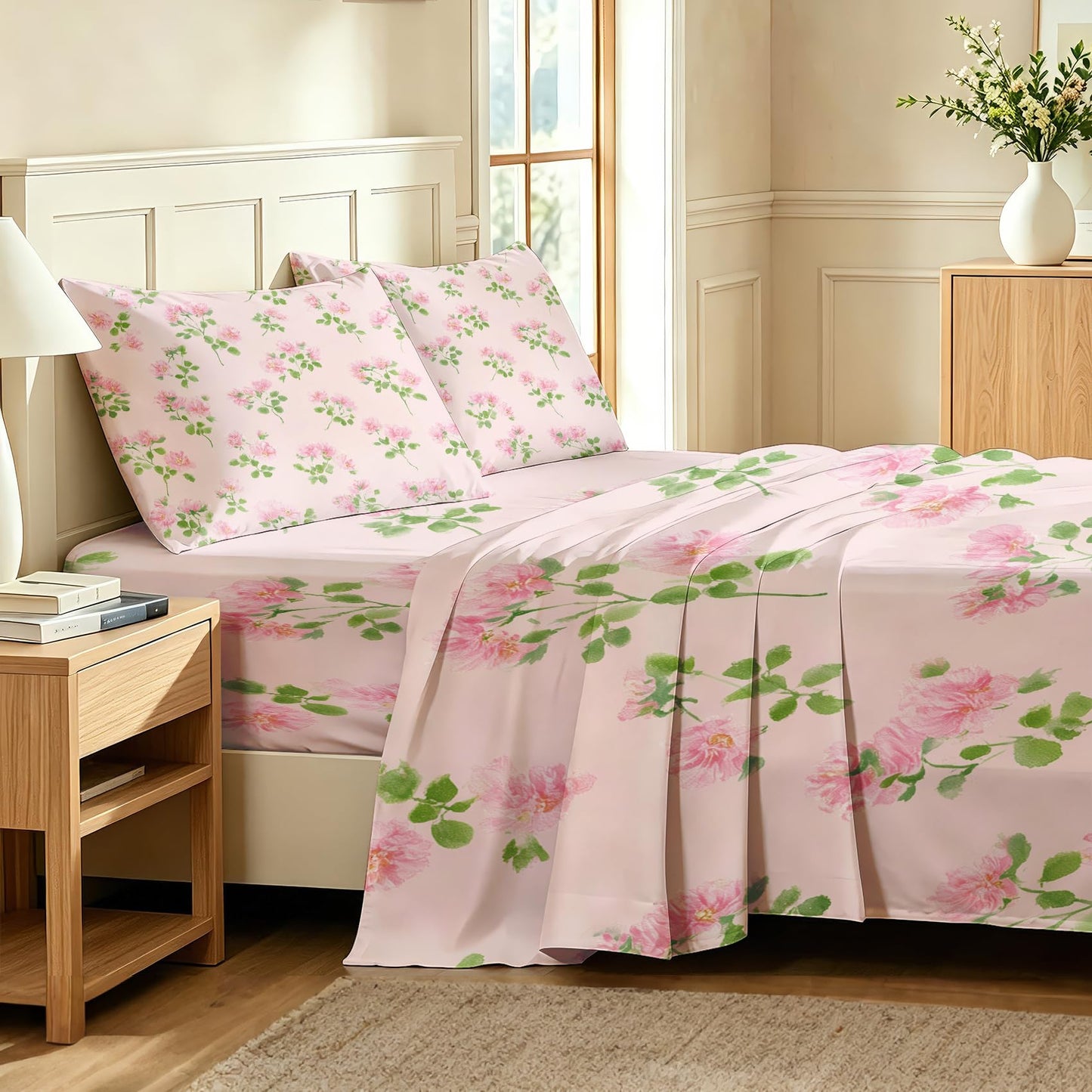 Pink Flower Queen Sheet Set Botanical Flat Fitted Sheet Sets