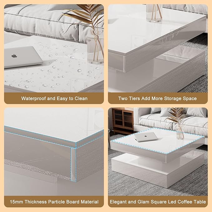 HedoAjim LED Coffee Table for Living Room, Living Room Table 2-Tier Square