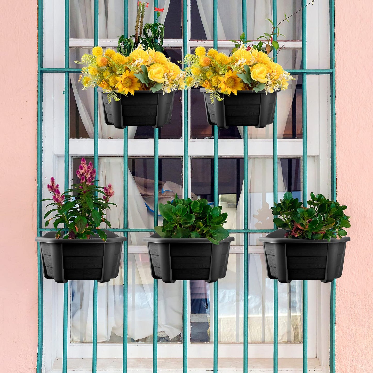 EBOOT 6 Pcs 9.8 Inch Wall Hanging Planters Pots for Indoor Plants Fence Plastic Flower Planters Outdoor with S Hooks for Balcony Rails (Dark Coffee)