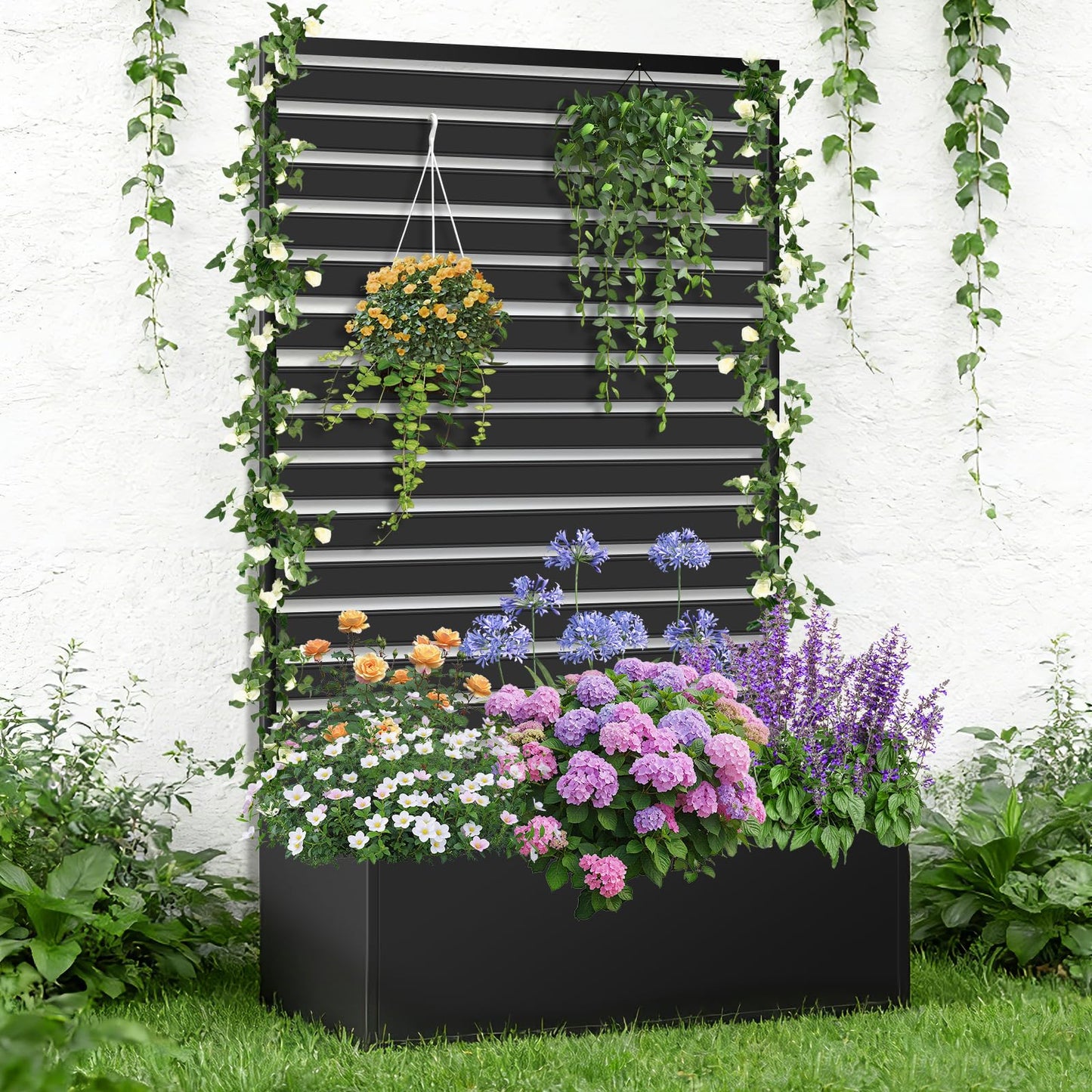 Metal Raised Garden Bed with Trellis, 2 in 1 Trellis with Planter Box & Privacy Screen for Climbing Plants, Vine, Outdoor Standing Flower Beds with Drainage Holes, 35" L x 16" W x 71" H, Black