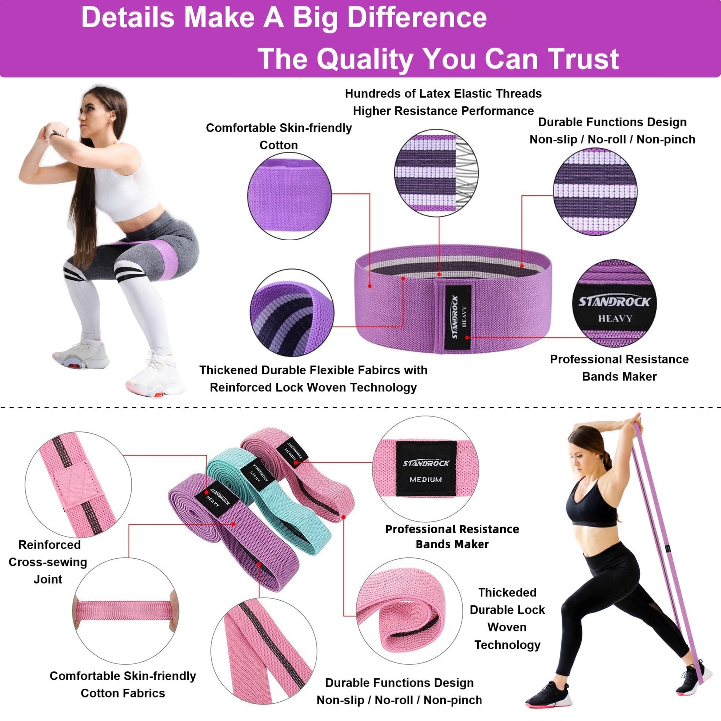 STANDROCK Fabric Resistance Bands for Working Out, 3 and 4 Levels Booty Bands Long Resistance Bands for Women and Men | Elastic Bands for Exercise Bands Resistance Workout Bands Resistance