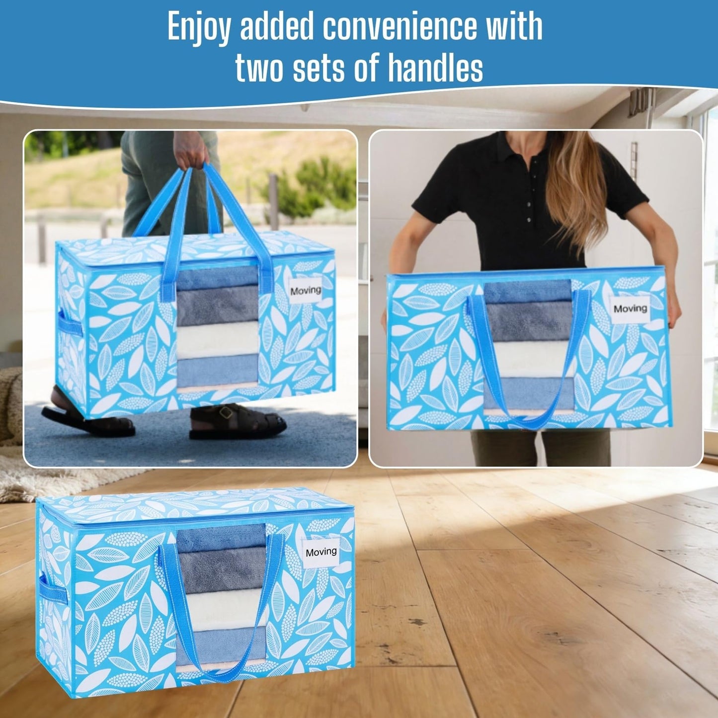 VENO 4 Pack Heavy Duty Moving Bags, Clothes and Comforter Storage Bags with Clear Window, College Dorm Essentials Packing Supplies, Foldable Boxes Alternative (Spring Breeze, 4 Pack)