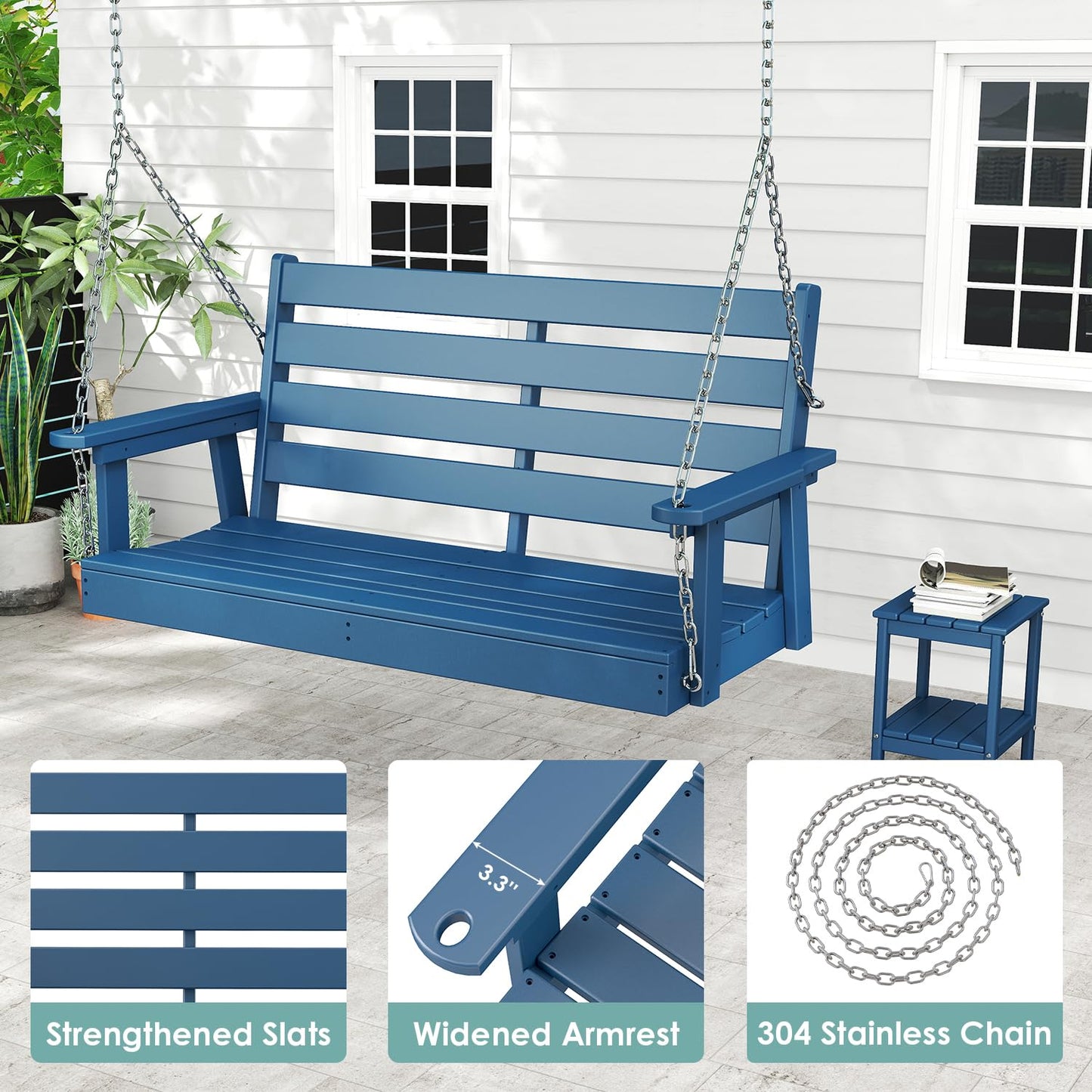 IVY&LANE Outdoor Porch Swing | HDPE Plastic | 2-Person | Hanging Bench Swings | Weatherproof | 4 Stainless Steel Chains | Blue | for Outside Patio Garden Backyard Tree