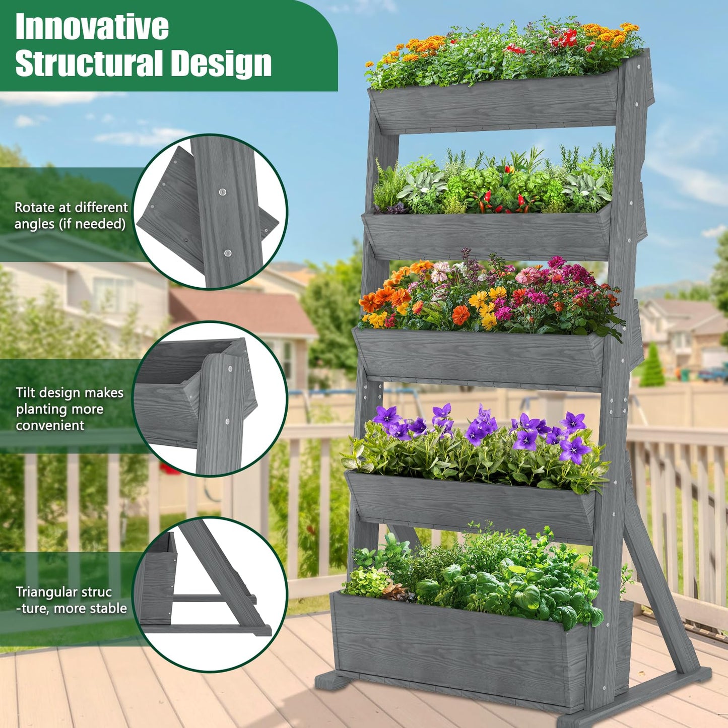 SUNYRISY 5 Tiers Vertical Raised Garden Bed Outdoor Planter Tower, Wooden Freestanding Planter Box for Planting Herbs Flowers Vegetables Backyard Patio Balcony Indoor Outdoor Gardening, Grey