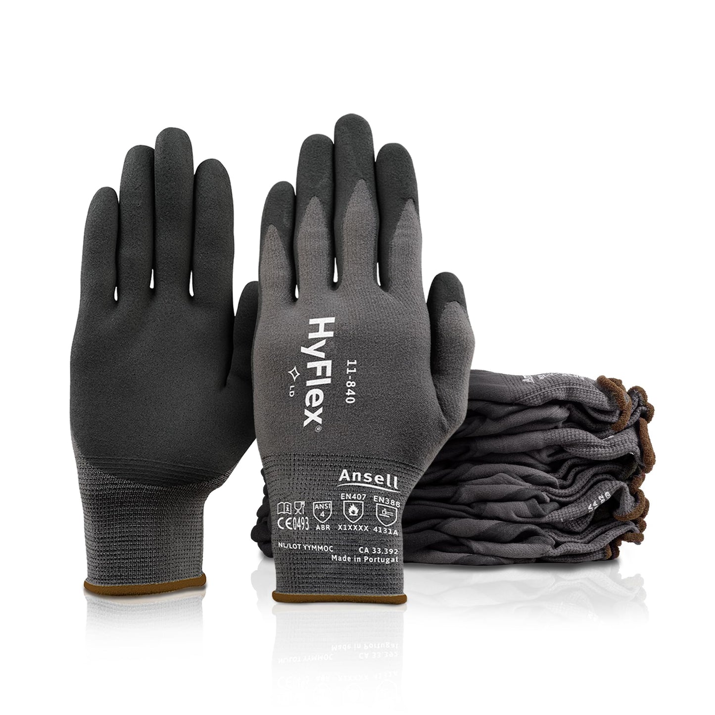Ansell HyFlex 11-840 Professional Work Gloves, Abrasion Resistant Nitrile Coating with Firm Grip, Multipurpose Protection Gloves, Mechanical and Industrial Safety, Black, Size L (12 Pairs)