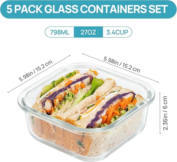 Vtopmart 5Pack 27oz Glass Storage Containers