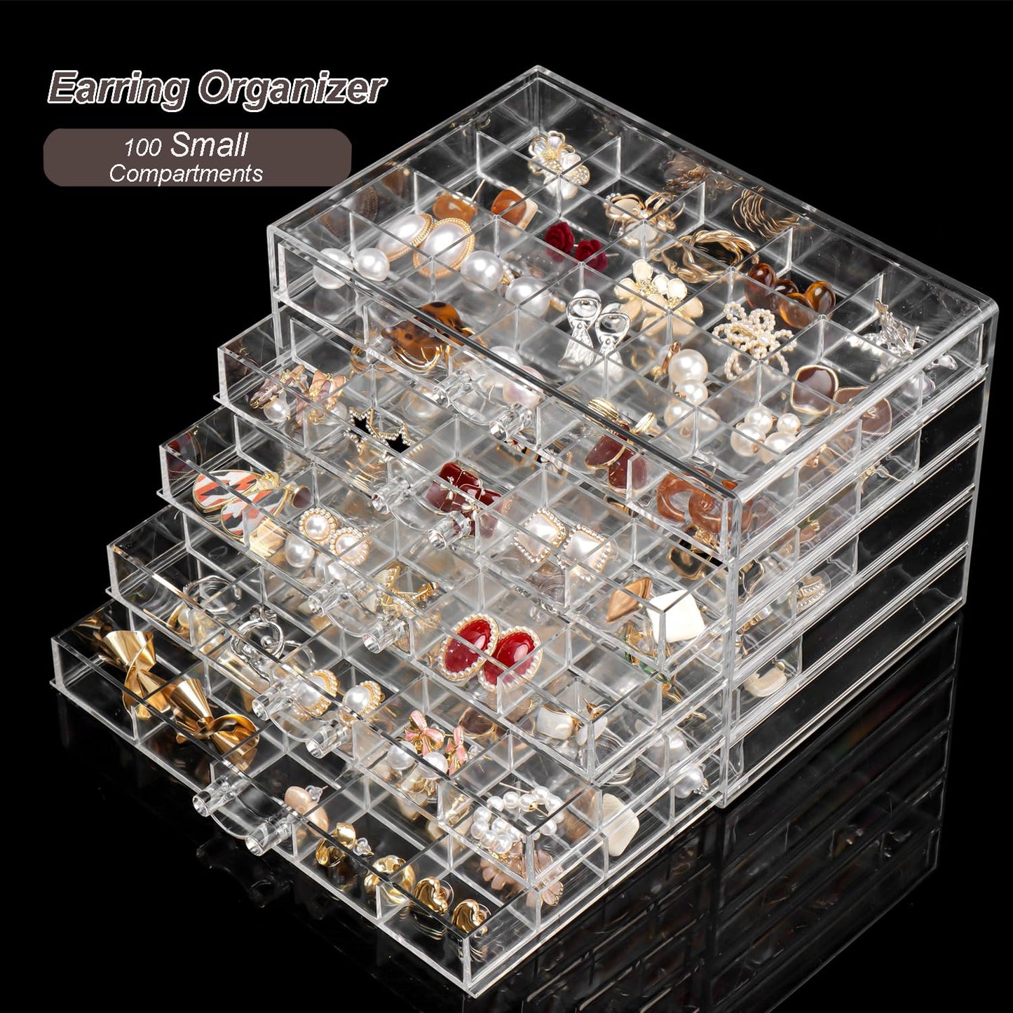 YUFONG Earring Holder Organizer Acrylic Earring Storage Box for Girls Women Jewelry Organizer Display Case with 100 Small Compartment (Clear, 5 Drawers)