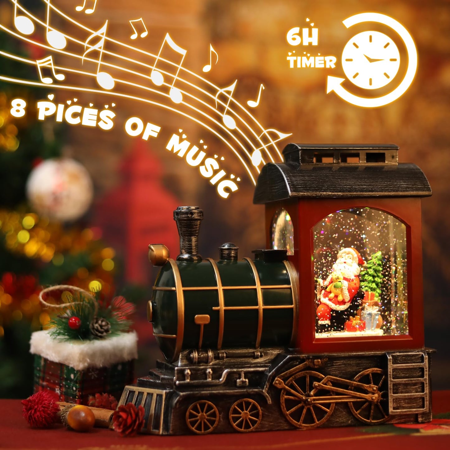 Santa Red Train Christmas Snow Globe Lantern-Glittering Light Up Musical Snow Globe Christmas Decorations, 6H Timer, USB & Battery Operated, Santa Indoor Home Décor