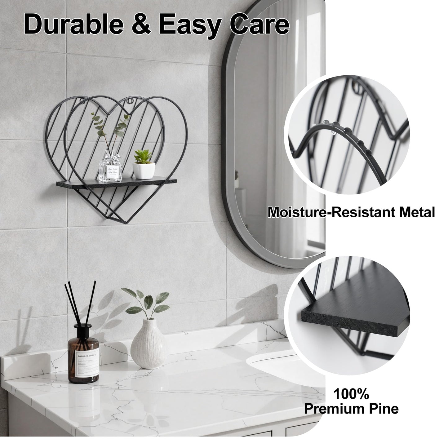 Afuly Floating Shelves - Black Wall Shelf, Heart Shaped Modern Minimalist Storage Rack Organizer for Bedroom, Bathroom, Living Room Home Decor