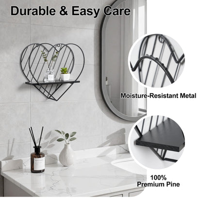 Afuly Floating Shelves - Black Wall Shelf, Heart Shaped Modern Minimalist Storage Rack Organizer for Bedroom, Bathroom, Living Room Home Decor