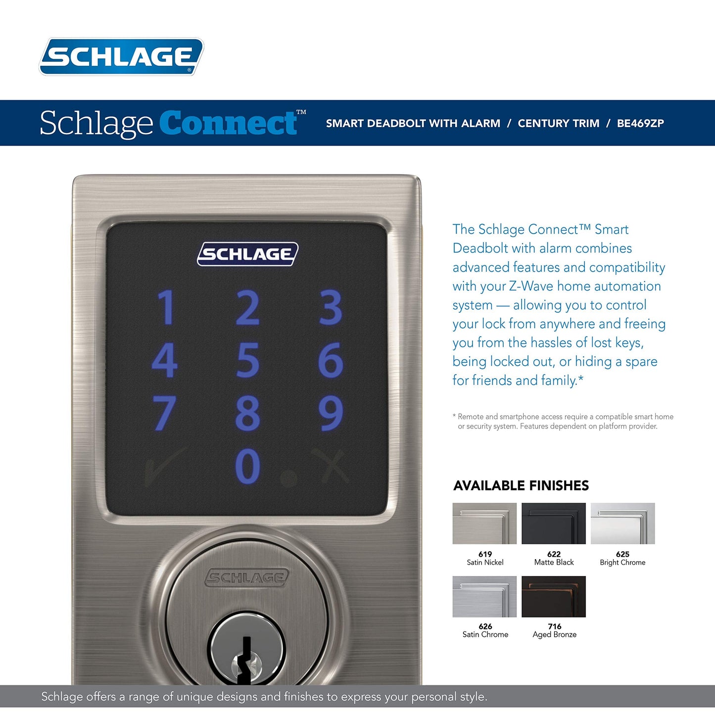 SCHLAGE BE469ZP CAM 605 Connect Smart Deadbolt With Alarm Inbuilt Camelot Trim In Bright Brass