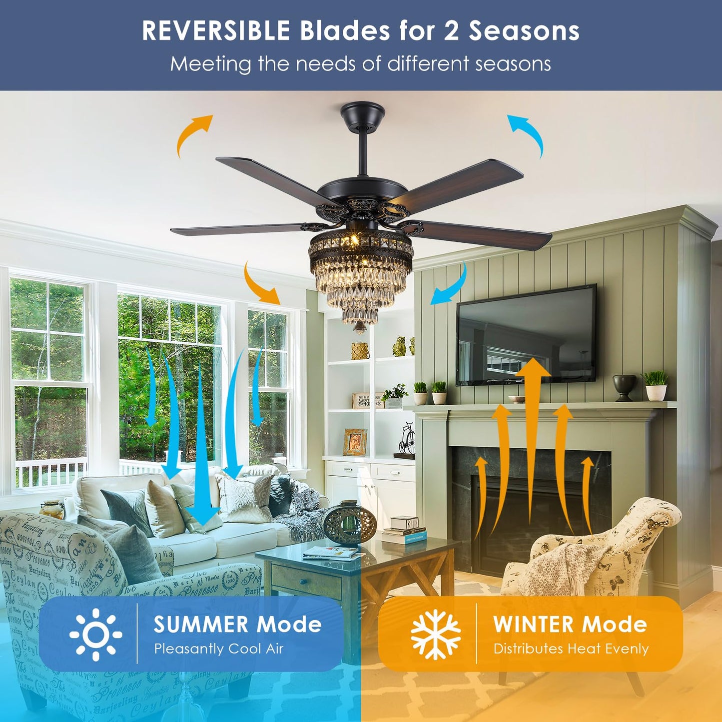 Asyko 50" Crystal Ceiling Fan Fandelier with Lights - Modern Black Chandelier Fans with Remote Control，Noiseless AC Motor, Retro/Farmhouse Lighting, Dining Room，Living Room