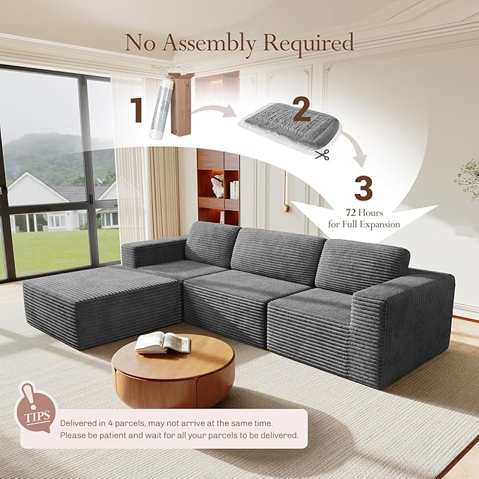 Vesgantti 119" L-Shaped Modular Sectional Sofa, Corduroy Cloud Couch
