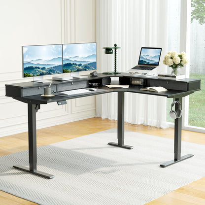 CubiCubi L Shaped Standing Desk with Drawers 63 x 48 Inch Adjustable Height, Electric Corner Desk with Storage, Sit Stand Home Office Desk with Splice Board, Black