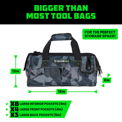 Rhino USA Tool Bag (18-Inch) Heavy Duty Wide Mouth Tool Tote with Zipper for Men - Large Tools Bags with Extra Side Storage Pockets, Reinforced Shoulder Strap & Upgraded Metal Clips (Camo)