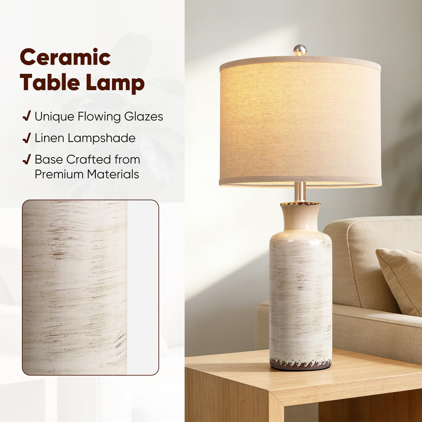 QiMH 25" Modern Lamps for Living Room, Unique Flowing Glazes Ceramic Table Lamp Set of 2 with Linen Lampshade, Beige Rustic Farmhouse Beside Lamps for Bedroom Nightstand Home Decor(Bulb Included)