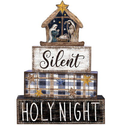 DIYDEC 4Pcs Christmas Table Decoration Christmas Jesus Wooden Block Sign Xmas Tiered Tray Decor Winter Centerpiece Decorative Sign for Holiday Tabletop Coffee Fireplace Shelf Desk Party Decor