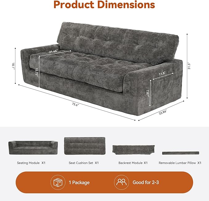 MONVANE 75.6" Convertible 3 Seater Sofa, Comfy Chenille Cloud Couch