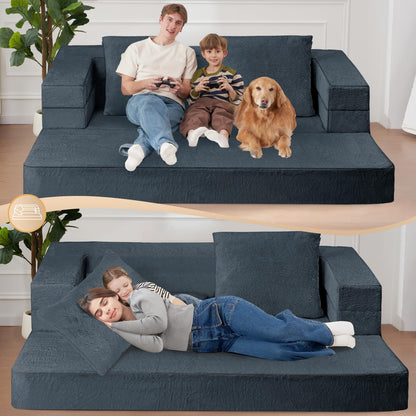 Cansunna Folding Bean Bag Chair for Adults,3-in-1 Bean Bag Couch Faux Fur Floor Sofa Large Beanbag Convertible Bean Bag Sofa Bed with Pillow in Bedroom,Living Room,Apartment(Queen,Dark Grey)