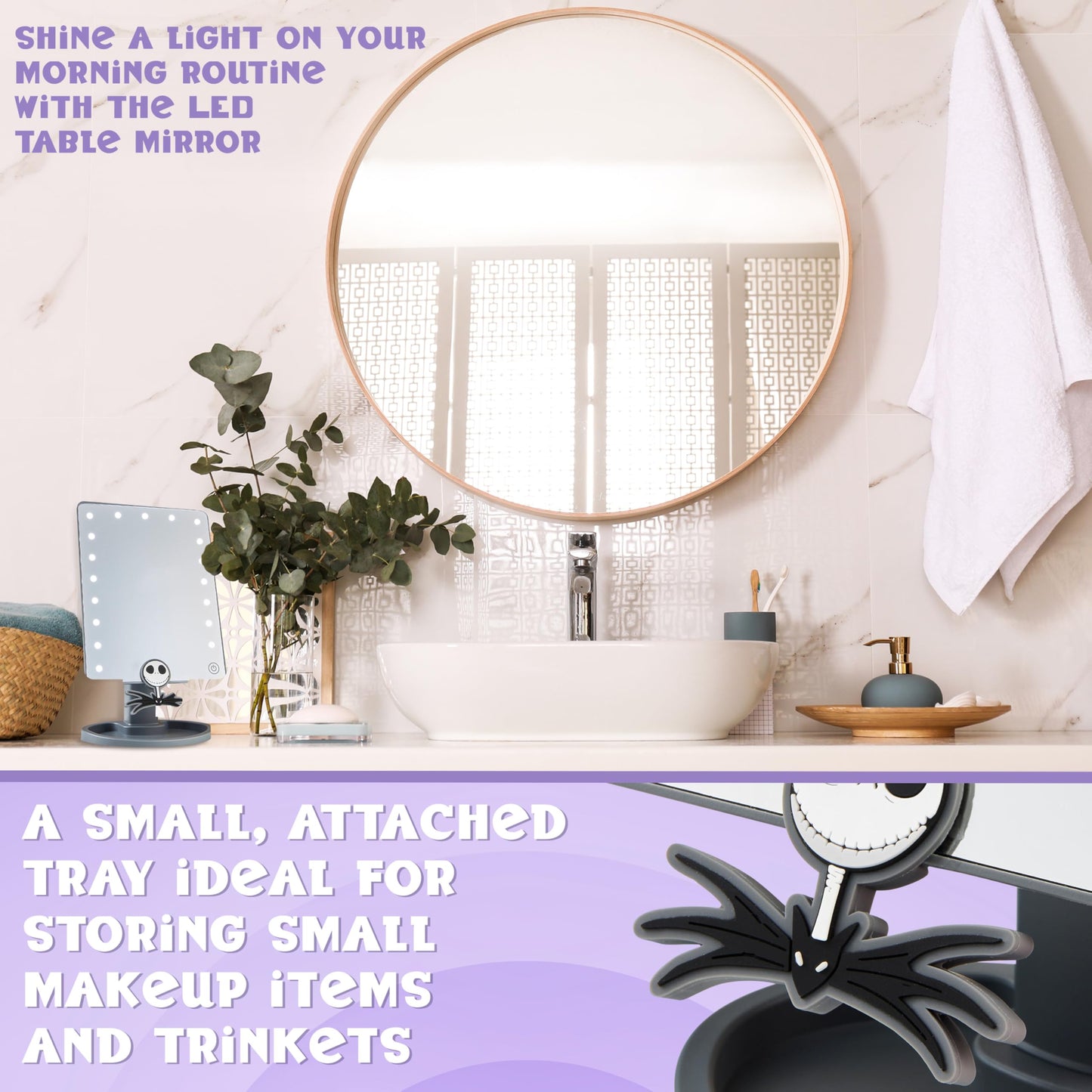 Disney The Nightmare Before Christmas LED Table Mirror for Girls, Teens, Women with Trinket Tray, Bedroom Decor, Gifts for Women (Grey)