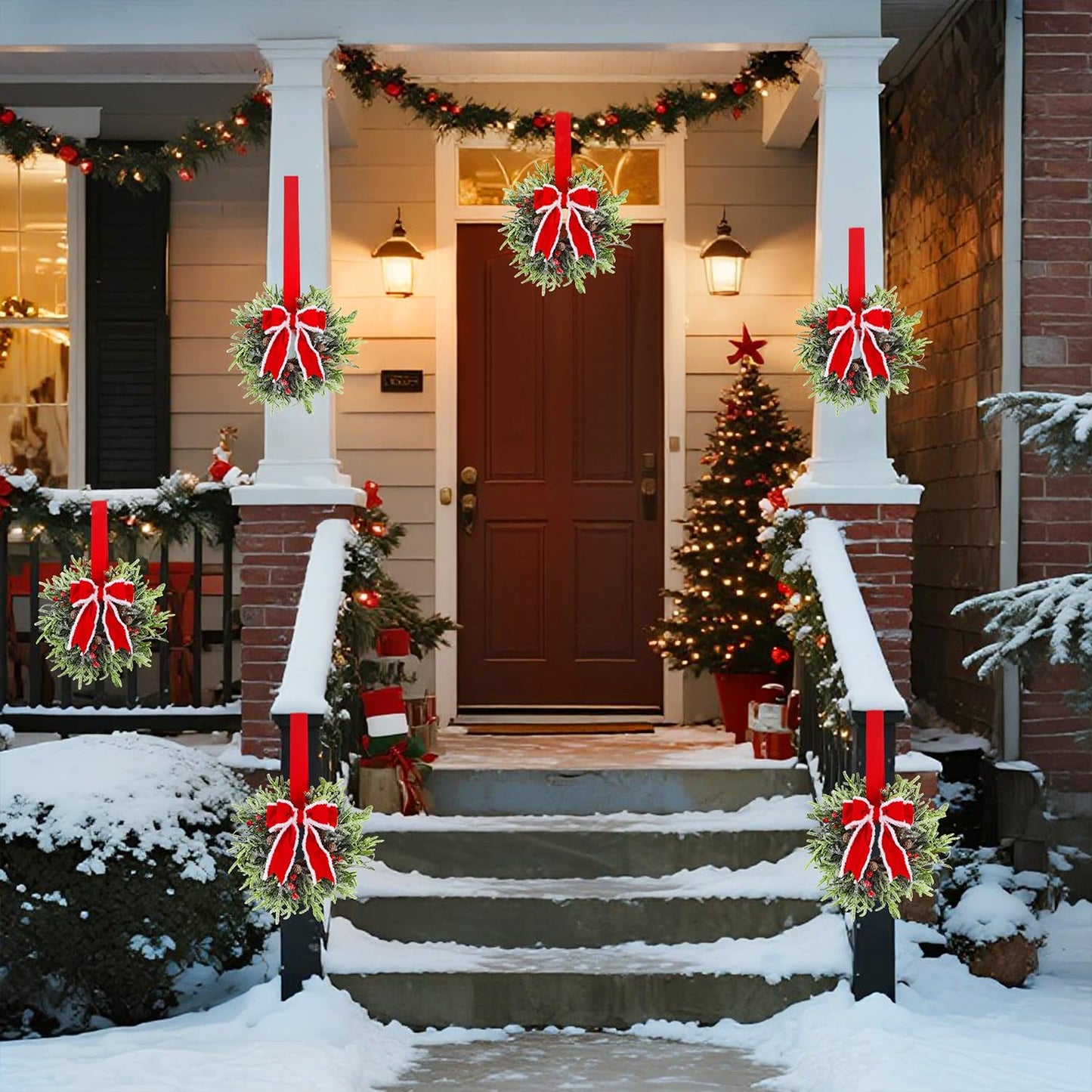 Hausse 6 Pcs Christmas Wreath, 12" Christmas Mini Wreaths for Cabinets with Red Bows, Artificial Small Xmas Wreaths Hanging Decoration Garlands for Kitchen Window Farmhouse Chair Wall Front Door