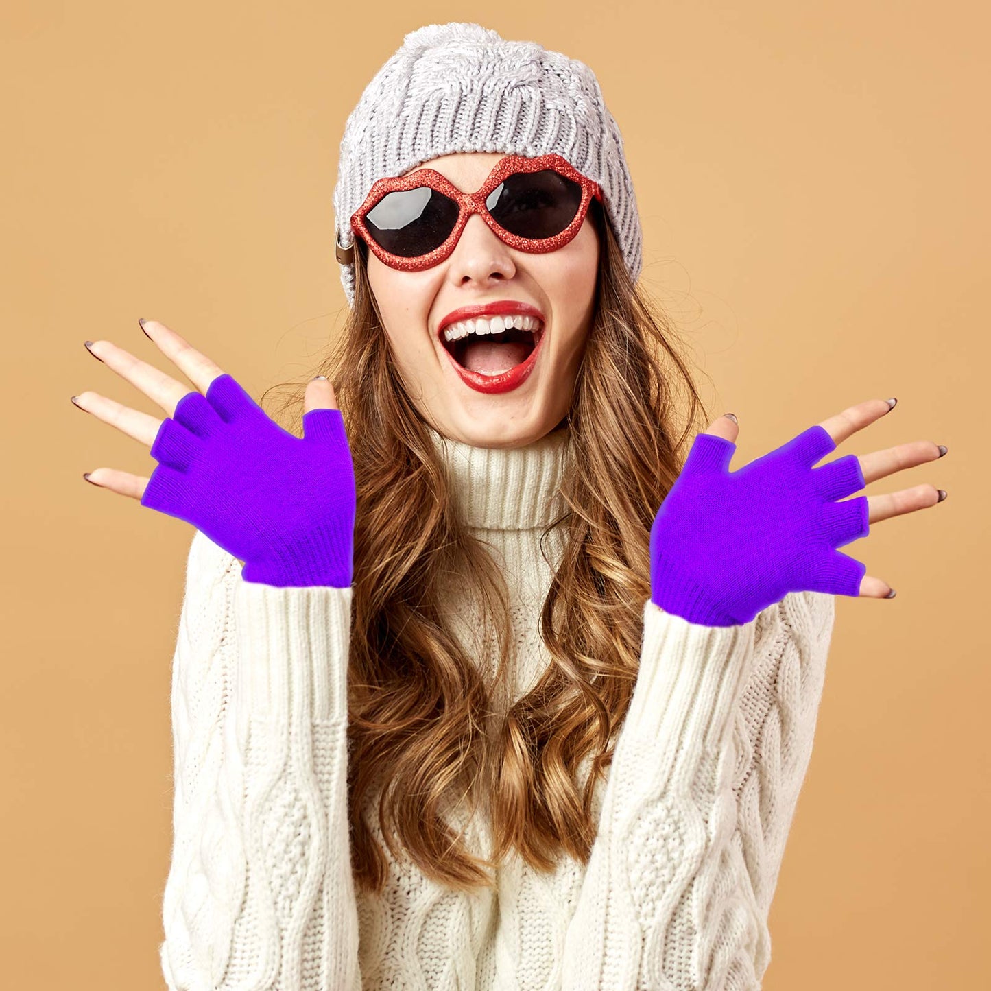 Bememo 4 Pairs Fingerless Gloves Half Finger Mittens Winter Solid Color Knitted Typing Gloves for Boys and Girls (Pink, Red, Green, Light Purple)