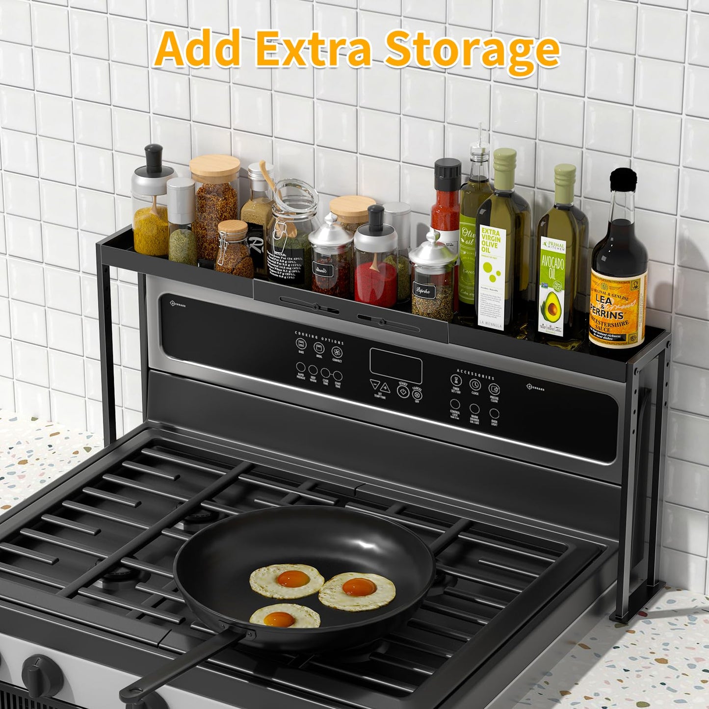 ZDDLOINP Spice Rack Shelf for Kitchen Stove, Adjustable 27 to 33 Inch Spice Rack Organizer, 4 Level Adjustable Height Stove Top Shelf for Kitchen, Over the Stove Shelf for Curved Stove, Black