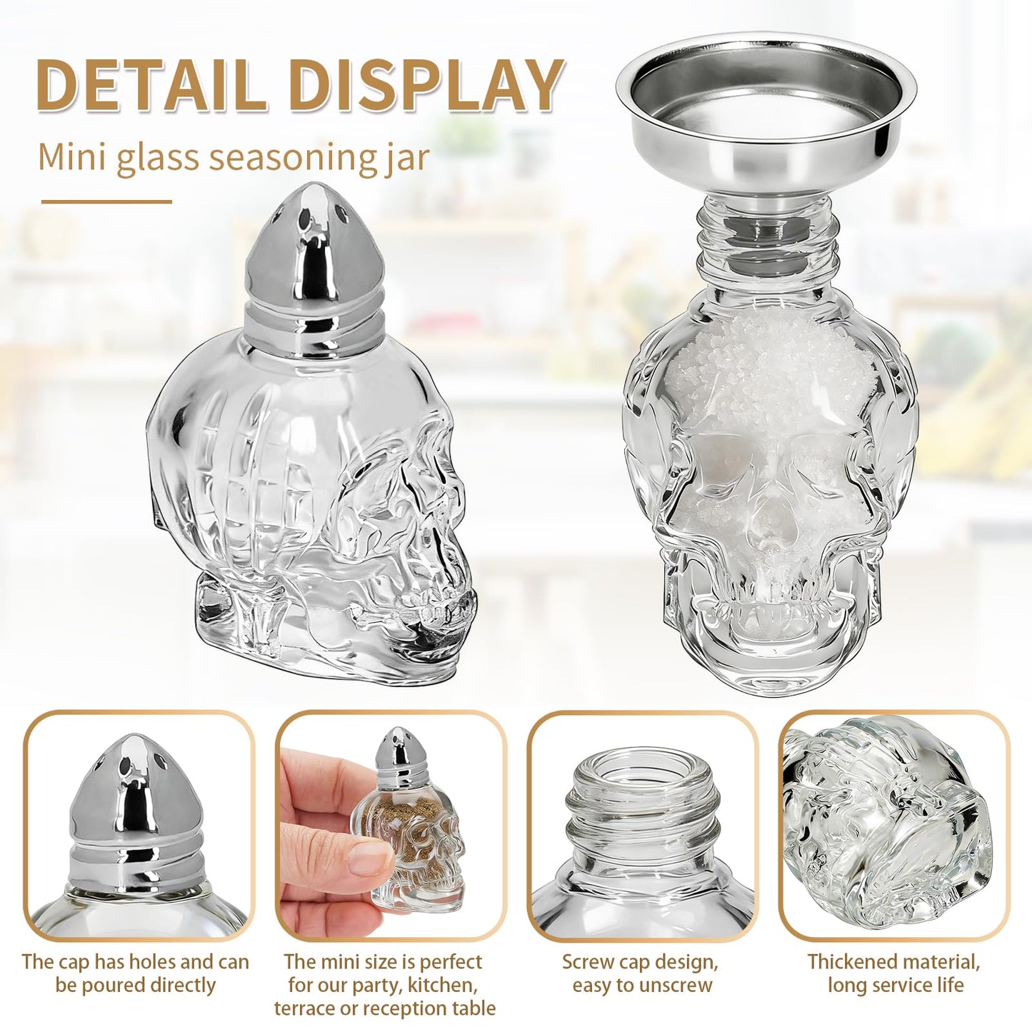 3 Pack 0.7oz/22ml Mini Skull Glass Salt and Pepper Shaker Set, Clear Seasoning Bottle with Metal Lid, Stainless Steel Funnel & Labels, Unique Skull Spice Jar for Kitchen (Silver lid)
