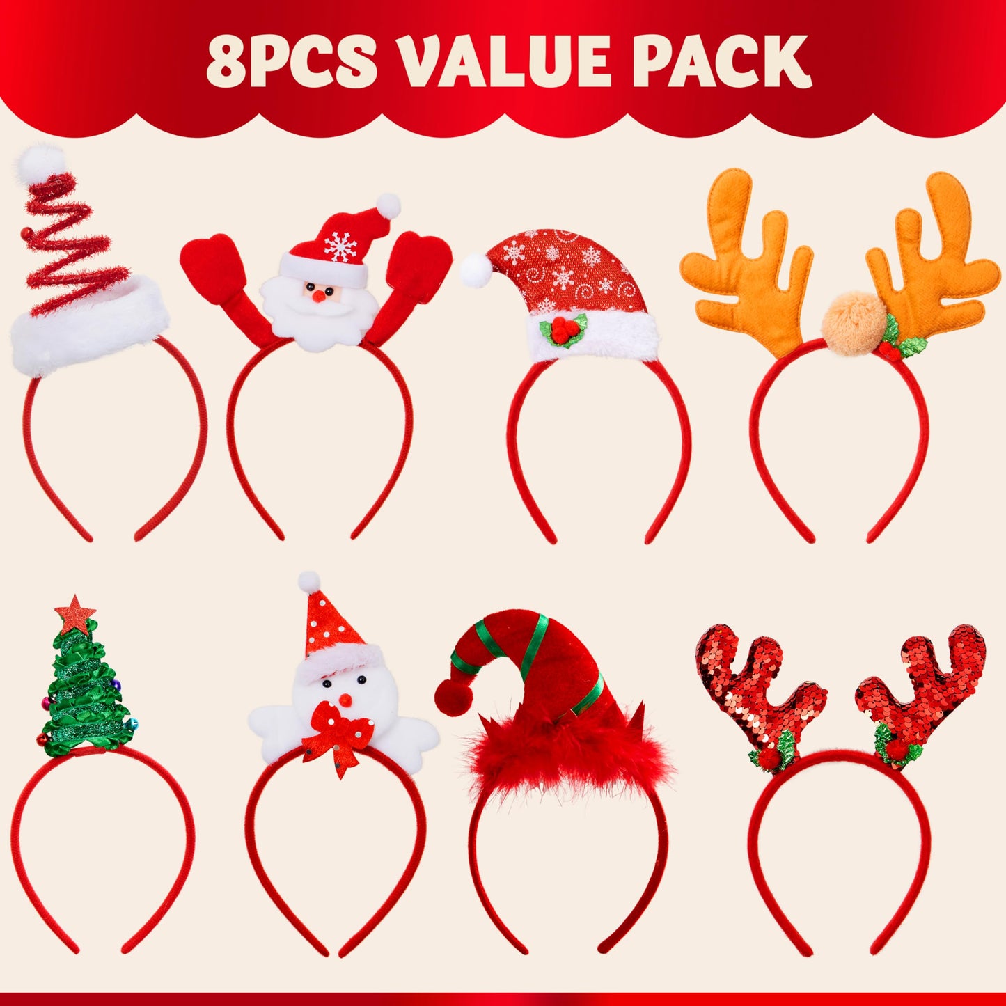 JOYIN 8 PCS Christmas Headbands Head Hat Toppers Costume Accessories for Kids Girls Boys Christmas Parties Xmas Holiday Party Favors Photo Booth