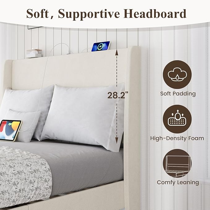 MALOL Full Size Bed Frame with Upholstered Headboard, Linen Fabric Platform Bed