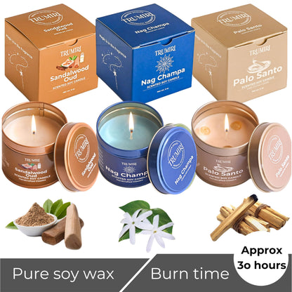 Palo Santo, Nag Champa, Sandalwood Oud - Soy Candles Non Toxic - Highly Scented Long Lasting with Essential Oils - Variety Pack of 3 x 5oz - for Home Aromatherapy Meditation Gift Travel