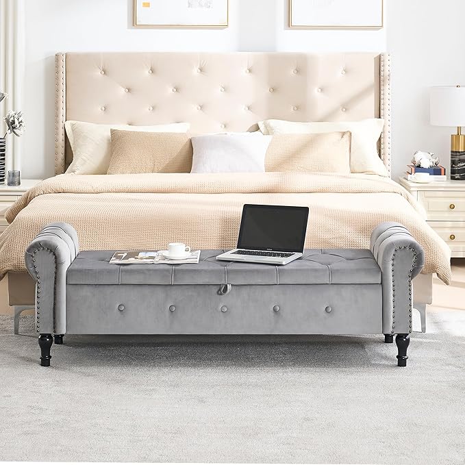 Storage Bench for Bedroom, Velvet 67" End of Bed Bench, King Size Benches