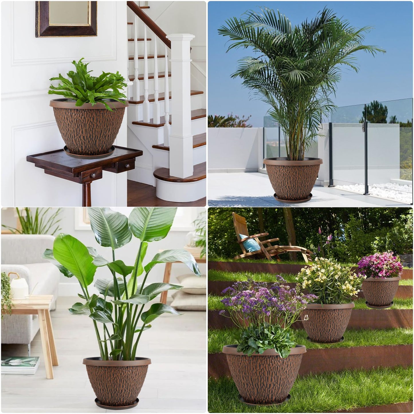 Nooulap 4 Pack Flower Pots Outdoor, 10 Inch Plant Pot with Drainage Hole & Tray, Thickened Plastic Planters for Indoor Outdoor Plants, Lightweight Brown Decorative Garden Pot with Saucer