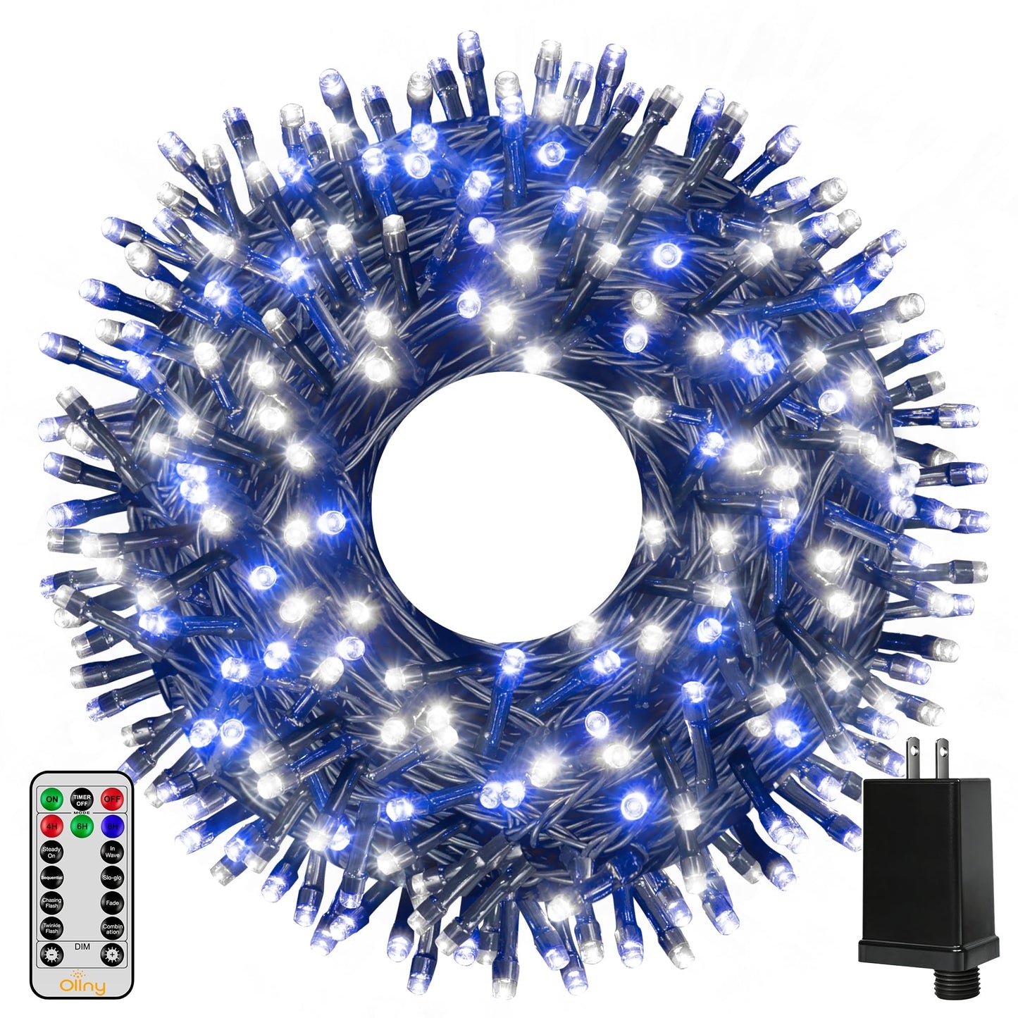 Ollny Christmas Lights, 500LED 164FT Long Christmas Tree Lights with 8 Modes Remote Timer IP44 Waterproof, Outdoor Christmas Lights for Tree House Yard Outside Xmas Decorations (Blue+White)