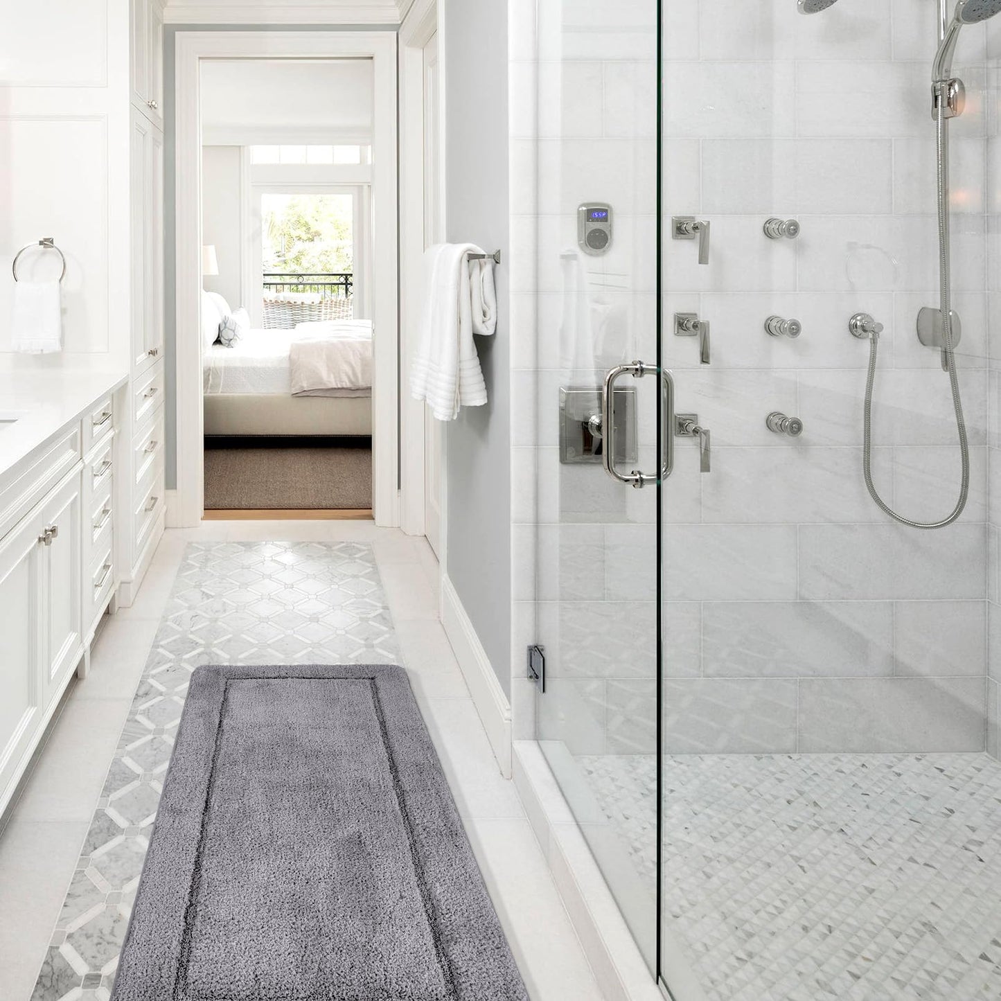 SOANNY Grey Bath Mat Set of 2, High Density Soft Microfiber Non-Slip Bathroom Mats with Water Absorbent, 53x86 cm Bathtub Rug & 50x50 cm Toilet Pedestal Carpet, Shower Rugs Machine Washable