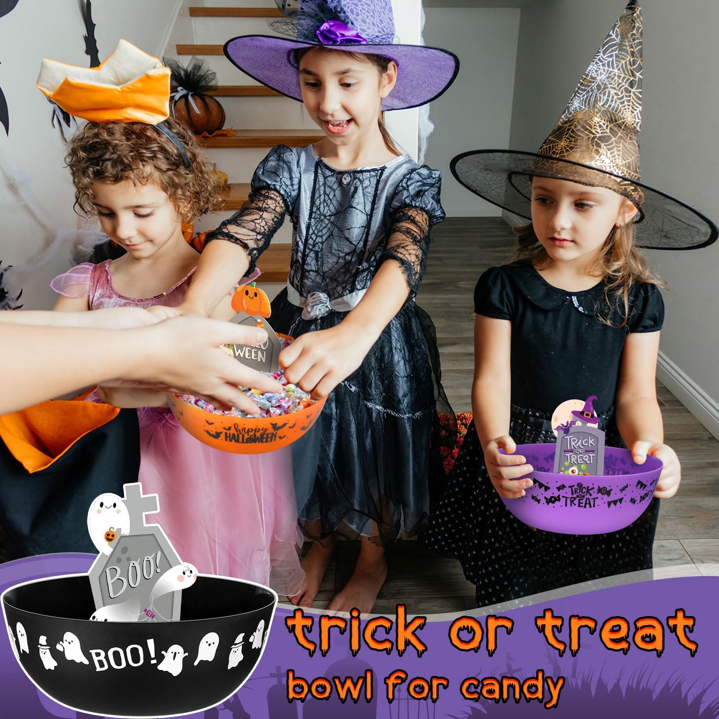 Tioncy 3 Set Large Halloween Candy Bowls with Tombstones Stands, Plastic Candy Dish Serving Bowls Treat Sweet Holders Party Decor Halloween Party Supplies