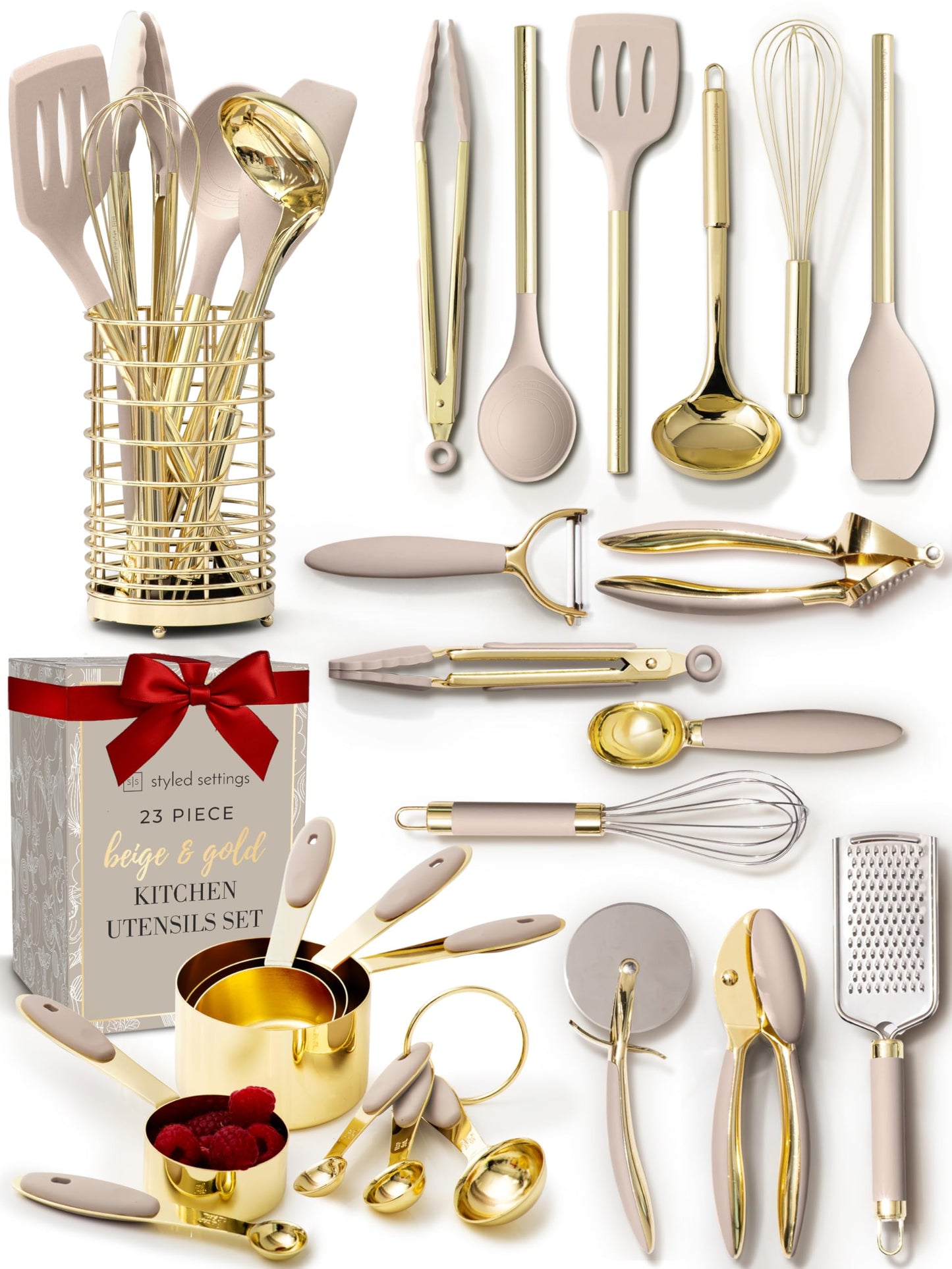 White & Gold Cooking Utensils Set - Luxe 8-Piece Kitchen Gadget Set Includes Can Opener, Tongs and Garlic Press - Stylish White and Gold Kitchen Accessories for Modern Kitchens, Ideal for Gifting