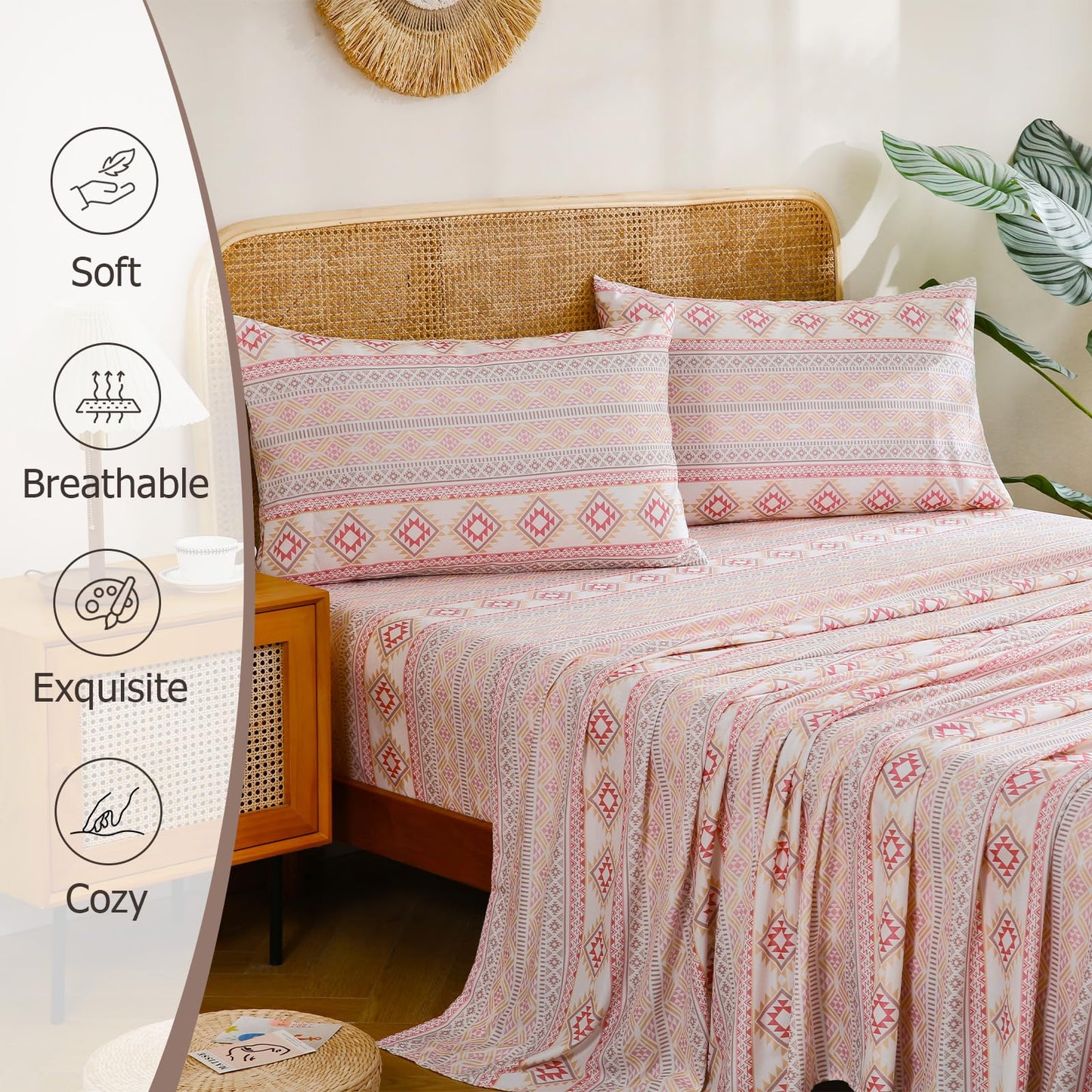 CozySmile Boho Sheet 4 Pieces Queen Sheet Set Bohemian, Boho Sheets Soft Microfiber Deep Pocket, Western Sheets Geometric(Queen, Pastel Pink Geometric)