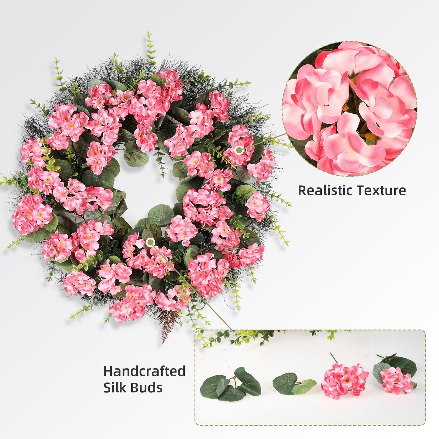 KuiMen Spring Summer Wreaths for Front Door 24 Inch Pink Artificial Geranium Wreath with Blessed Hanging Sign for Indoor and Outdoor Decor