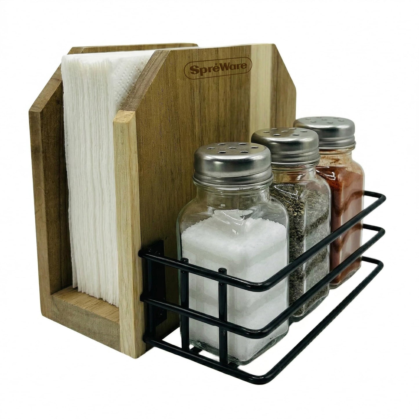 SPREWARE Acacia Wood Napkin Holder with 3 Salt & Pepper Shakers, Rustic Tabletop Napkin and Condiment Caddy, EVA Anti‑Slip Base, Holds 80 Standard Napkins – Grateful Thankful Blessed Design