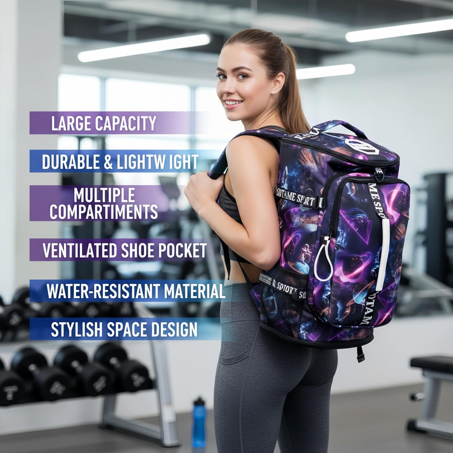 Gym Duffle Bag Backpack with Shoe Compartment,4 ways Travel Backpack for Women and Men,Multi-Functional Weekender bag with Waterproof Layer&Laptop Compartment for Fitness, Travel,Camping(Metallic)