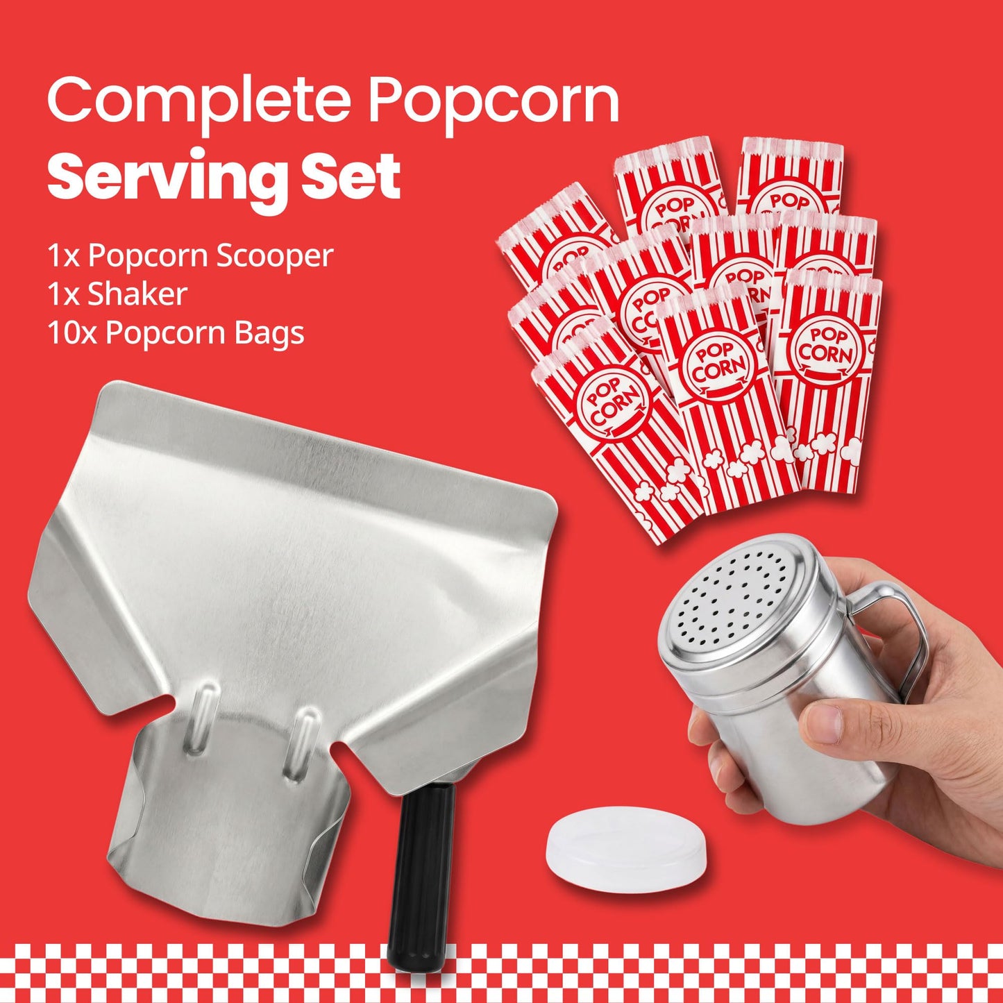 Scoopset Popcorn Scoop Set with Salt Shaker & 10 Popcorn Bags, Stainless Steel Popcorn Scoop for Popcorn Machine, Popcorn Scooper, French Fry Scoop Bagger Shovel