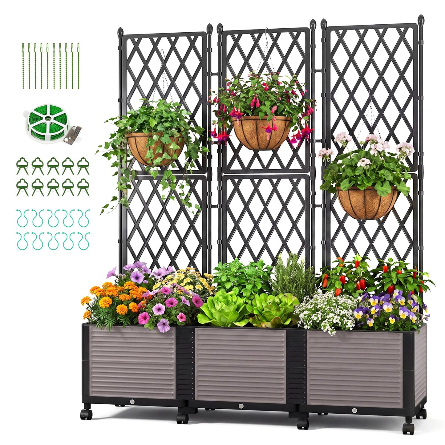 DoCred 63" H Raised Garden Bed Planter Box with Trellis, Floorstanding Vertical Horticulture Planter Box Tomato Cage with Wheels for Vine Climbing Plants, Flowers, Herbs