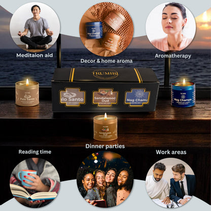 Palo Santo, Nag Champa, Sandalwood Oud - Soy Candles Non Toxic - Highly Scented Long Lasting with Essential Oils - Variety Pack of 3 x 5oz - for Home Aromatherapy Meditation Gift Travel