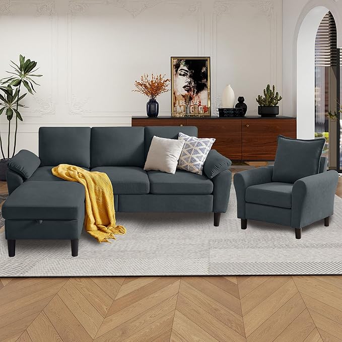 79" Convertible Sectional Sofa Set, Modern Linen Small L Shaped Couch