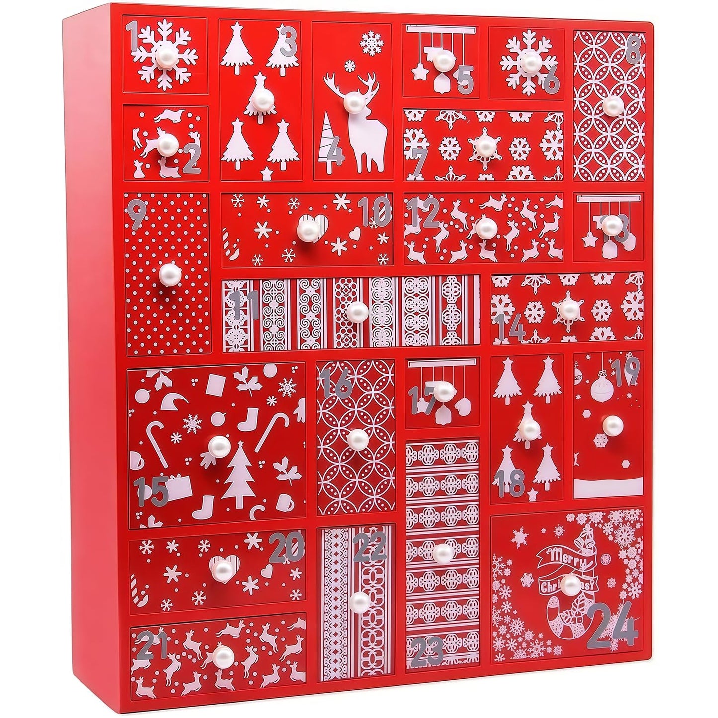 Juegoal Red Advent Calendar with 24 Drawers Countdown to Christmas, Refillable Wooden Advent, Christmas Gift for Children, 15 Inches Tall