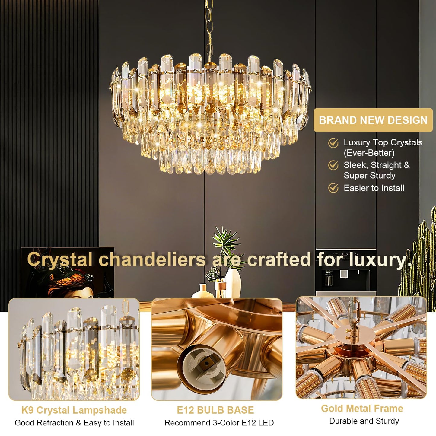 Vodcrindax Gold Crystal Chandelier 24" 12-Light 4-Tier K9 Crystal Round Adjustable Pendant Light Modern Crystal Chandeliers for Dining Room Living Room Kitchen Island Bedroom Foyer Entryway