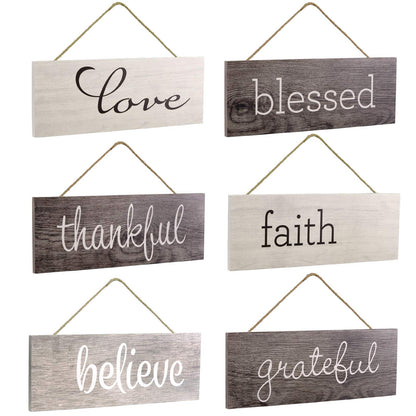 Excello Global Products Hanging Home Decor Sign with Sawtooth Hook and Jute Hanging Rope (Grateful, Love, Believe, Thankful, Faith, Blessed)