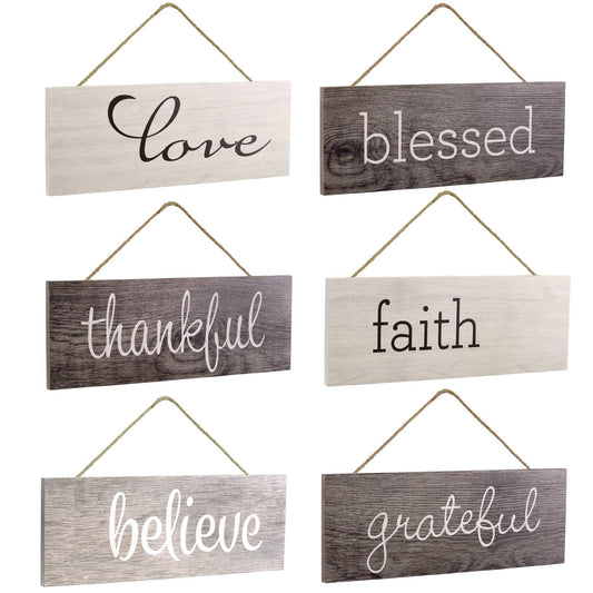 Excello Global Products Hanging Home Decor Sign with Sawtooth Hook and Jute Hanging Rope (Grateful, Love, Believe, Thankful, Faith, Blessed)