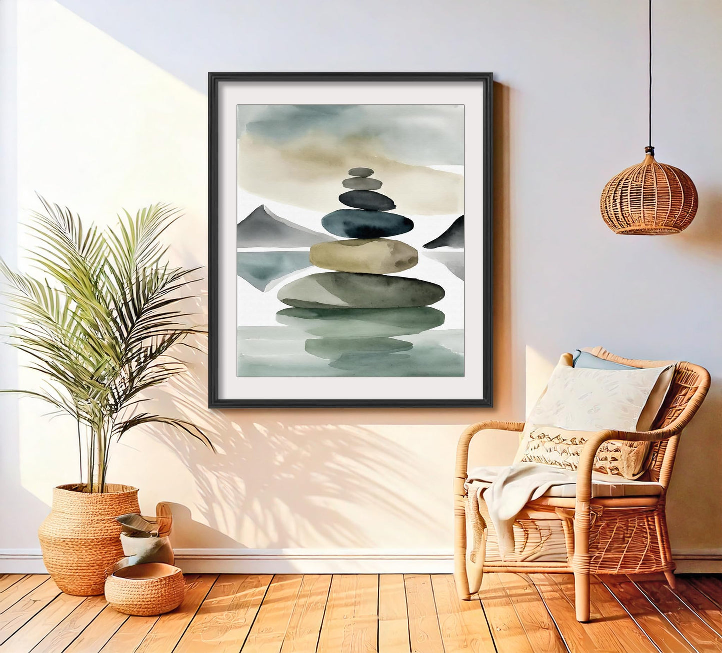 Watercolor Balancing Stones Stacked Illustration Art Print for Yoga Studio Serenity Display, Mint Green Meditation Room Harmony Accent, Beach House Home Office Bedroom Living Area Nursery Dorm Wall Art, Young Yogi Meditator Wellness Enthusiast Teacher Gif